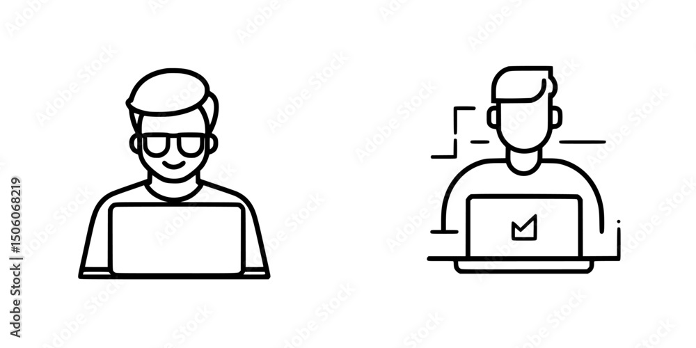 Poster icon set depicting two individuals using laptops in different styles of work engagement for digital 
