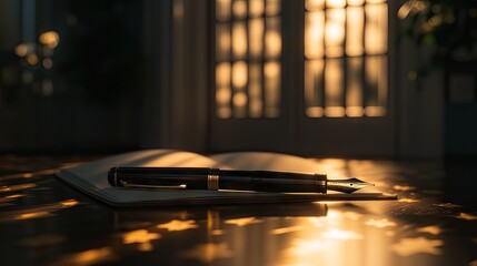 A fountain pen rests on an open notebook, bathed in warm sunlight.