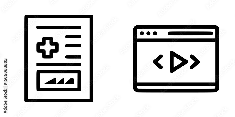 Poster icon set featuring a medical report and a digital display for online content management and health-r