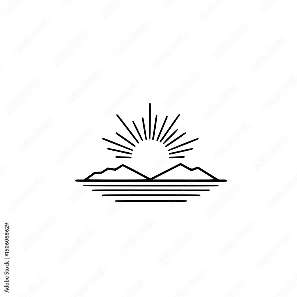 Aufkleber mountain sunset icon set featuring linear design with sun rays and calm water reflection in a minima