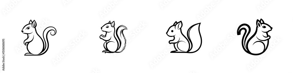 Poster icon set showcasing four stylized squirrel designs in simple outline form suitable for various creat