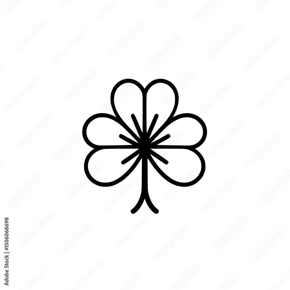 Poster stylish black line art icon set featuring a four-leaf clover symbol representing luck and prosperity