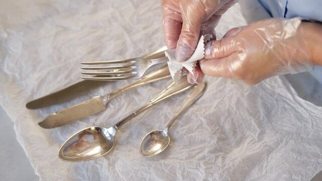 close-up of women's hands cleaning and polishing silverware, spoons, forks, knives
