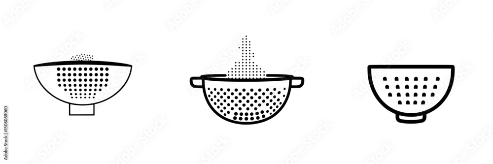 Poster icon set featuring various styles of colanders for kitchen use and food preparation tasks