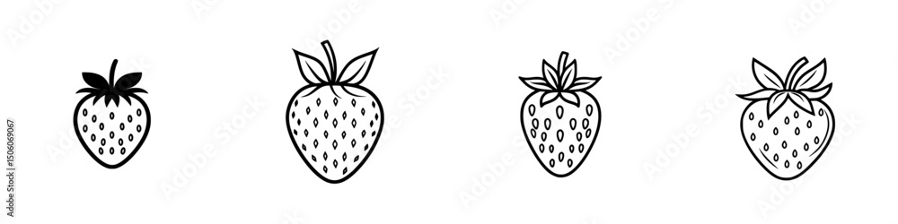 Poster strawberry icon set displaying various stylized designs in simple line art