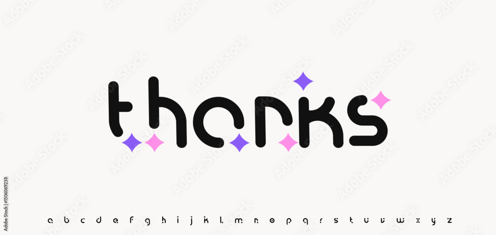 Poster thanks word in rounded modern font with sparkles. playful cute phrase of appreciation for posters, c