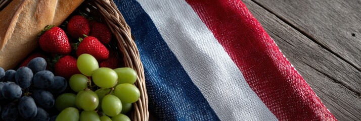 french picnic theme, web header with a natural, top-down view of a picnic table adorned with a french flag cloth, baguette, wine bottle, and fruits, against a sky background