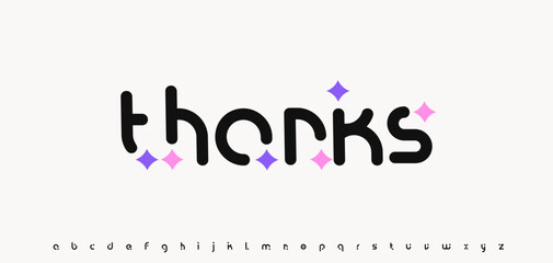 Fototapeta na wymiar Thanks word in rounded modern font with sparkles. Playful cute phrase of appreciation for posters, cards, stickers, social media. Vector illustration