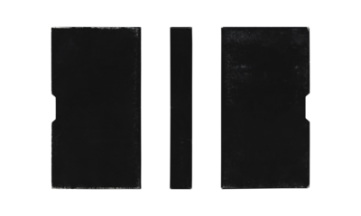 Blank blank cover sleeve for VHS videocassette, multiple angles, mockup on transparent background