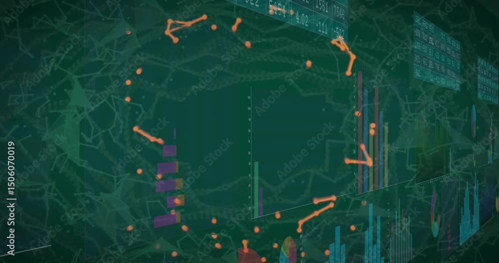 Poster opening dark green grid starting orange nodes drifting and charts morphing visualizing metrics