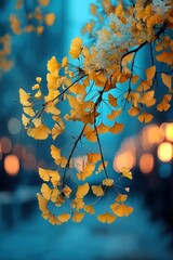 Golden ginkgo leaves glowing against a dreamy blue background — ideal for wellness themes, spiritual designs, nature-inspired branding, or poetic editorial illustrations.