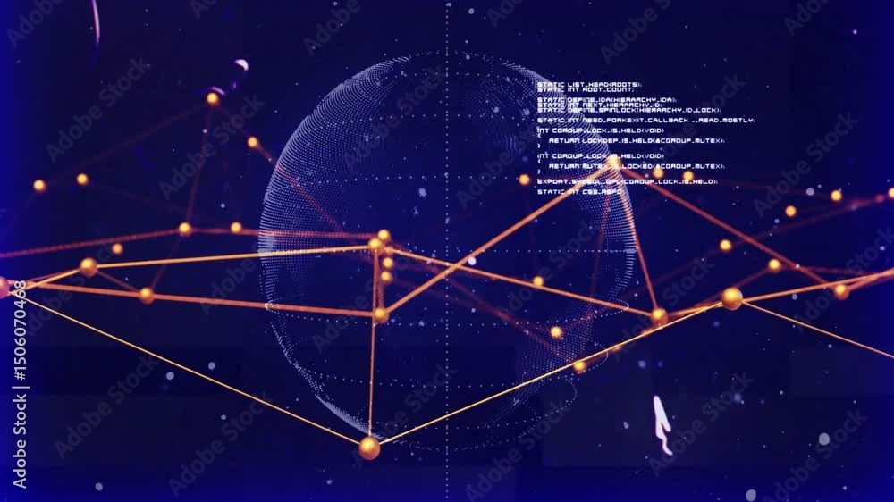 Poster On load rotating 3D globe connecting orange nodes and scrolling code conveying data transfer