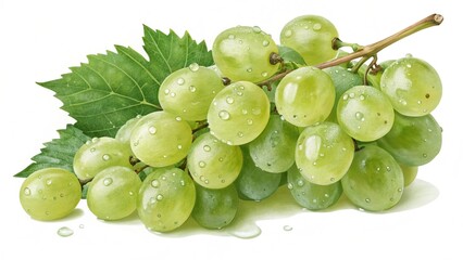 A bunch of green grapes with water droplets and a green leaf on a white background in close up view created with generated ai