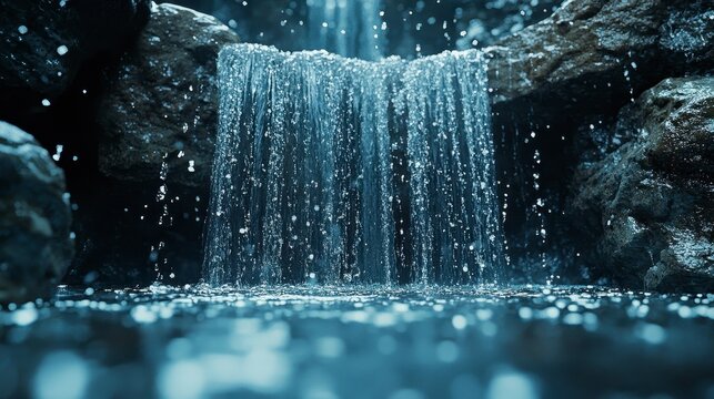 Serene waterfall cascading over rocky terrain into a pool of water, cool blue tones