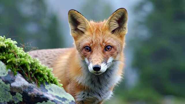 Close Up Portrait of a Red Fox Near Moss Covered Rock with a Soft Bokeh Background in Natural Light