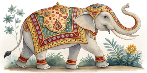 Hand-painted Mughal elephant motif on deep indigo card, watercolor texture, studio-lit realism. Perfect for invitation card design, banner, poster, web page, background.