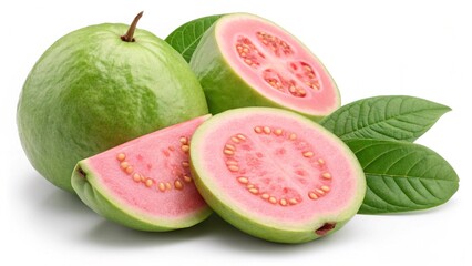 A close up of whole and sliced guavas with green leaves on a white surface in a studio setting created with generated ai