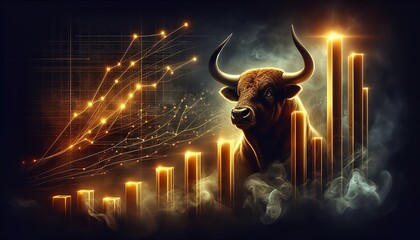 A dynamic representation of market growth, showcasing a bullish trend with rising charts and a powerful bull symbolising financial strength.
