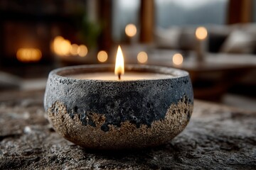Glowing Candle in a Ceramic Bowl Cozy and Relaxing Atmosphere for Home Decor and Wellness