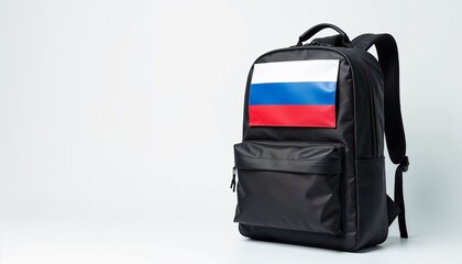 Naklejka premium Black backpack with Russian flag design on a plain background for casual use, copy space 