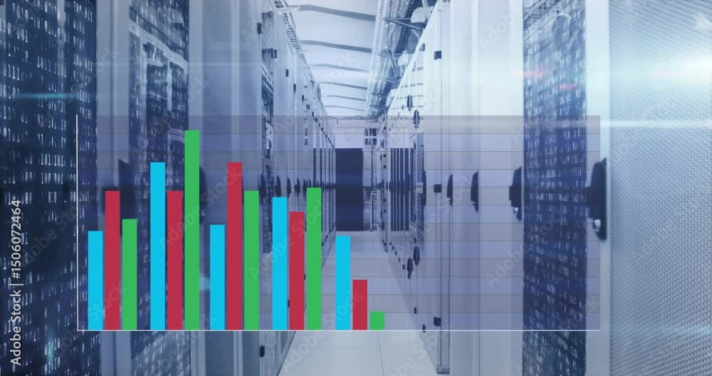 Aufkleber transparent chart overlay appearing, bars shrinking then growing to visualize data flow in corridor