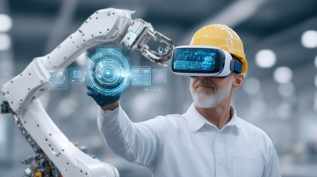 Engineer in VR headset operating robotic arm, high-tech factory, glowing UI overlays