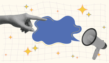 Trendy Halftone Collage Hand showing speech bubble  message with Megaphone  and quote symbols. Social media communication , promotion and marketing. Online news. Contemporary vector illustration 