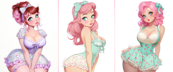 Three cute curvy pastel anime pin-up girls, isolated on white background, retro illustration. 