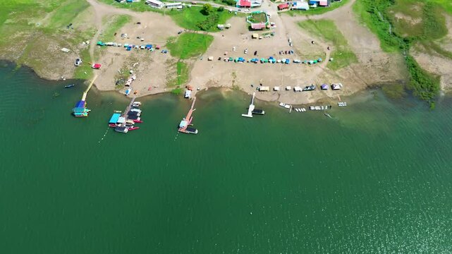 Tourist Marina at Lake Calima, Aerial Drone View of Boats and Water Sports. High quality 4k footage
