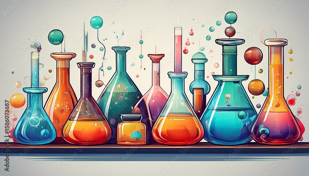 Poster colorful array of various laboratory flasks with vibrant liquids and floating bubbles in a scientifi