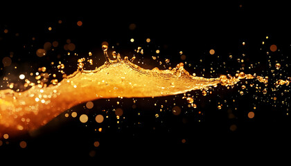 Fototapeta premium dynamic splash of golden orange sparkling liquid, no fruit visible, crisp effervescent droplets in motion, luxurious golden hues, glowing highlights, soft mist