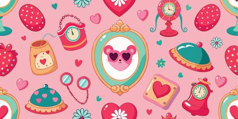 Naklejka premium Pink background with hearts and cute objects seamless pattern whimsical aesthetic