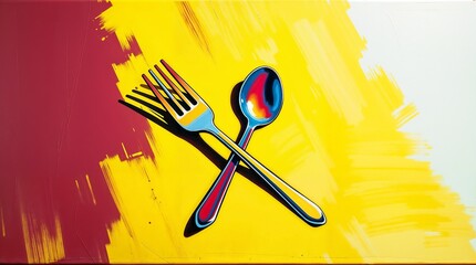 Shiny fork and spoon crossed over a vibrant yellow and red background