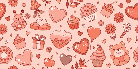 Whimsical pink seamless pattern featuring hearts teddy bears and sweet treats ideal for valentines day