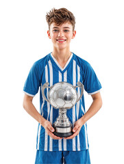 A young soccer player in a blue striped jersey smiles broadly while holding a shiny silver trophy. The joyful moment captures the excitement of victory in a local youth soccer tournament.