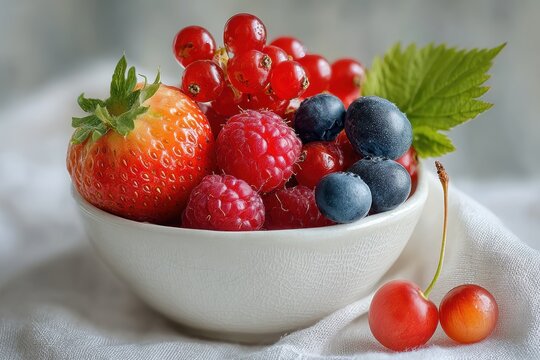 Fresh summer berries in a ceramic bowl on fabric — ideal for healthy food blogs, culinary branding, breakfast visuals, or natural lifestyle promotions with a cozy or elegant touch.