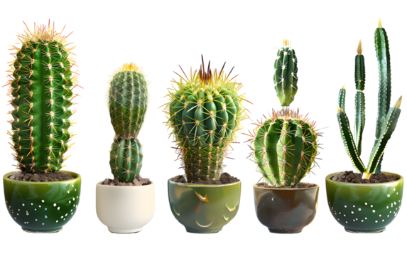 A diverse group of potted cacti in various shapes, ideal for natural and botanical-themed designs.