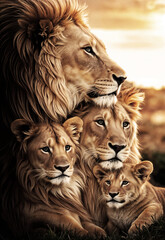 Family of lions with a lion, a lioness, and several cubs. Representing the strength, resilience, and love.