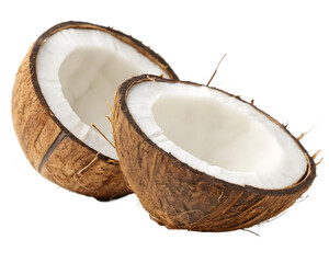 Two Halves of a Fresh Coconut Showing White Flesh Isolated on Transparent Background
