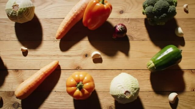 Assorted Fresh Vegetables Arranged On A Wooden Surface Top View