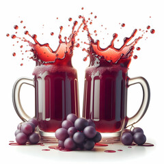 Two grape juice mugs toasting creating splash isolated on white background 