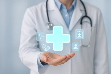 Doctor Holding Digital Medical Cross Healthcare Symbol