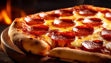 close up of mouth watering wood fired pizza with pepperoni melted cheese and crispy crust