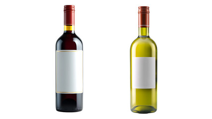 Two wine bottles, one red and one white, with blank labels isolated on transparent background