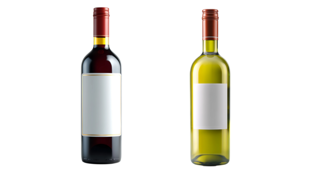 Two wine bottles, one red and one white, with blank labels isolated on transparent background