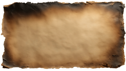 Burnt edge paper texture, old vintage parchment background isolated on transparent background