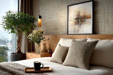 Cozy Bedroom with Modern Decor and Natural Elements Featuring Wooden Bed Textured Wall Art G