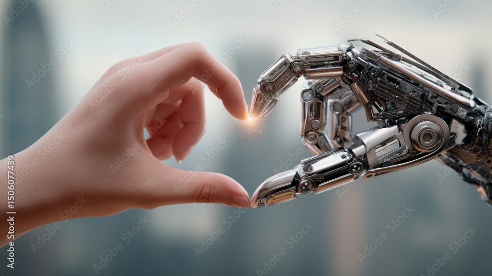 Poster human and robot hands joining fingers creating heart shape symbol