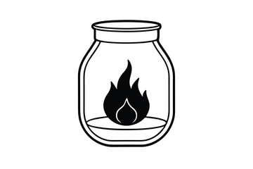 Glass jar with a burning flame inside black and white illustration