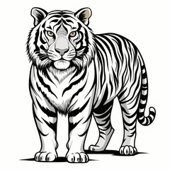 Fototapeta premium Sketch African tiger black and white illustration. Tiger drawn sketch in doodle style on a white background. Illustrated in vintage hand-drawn style.